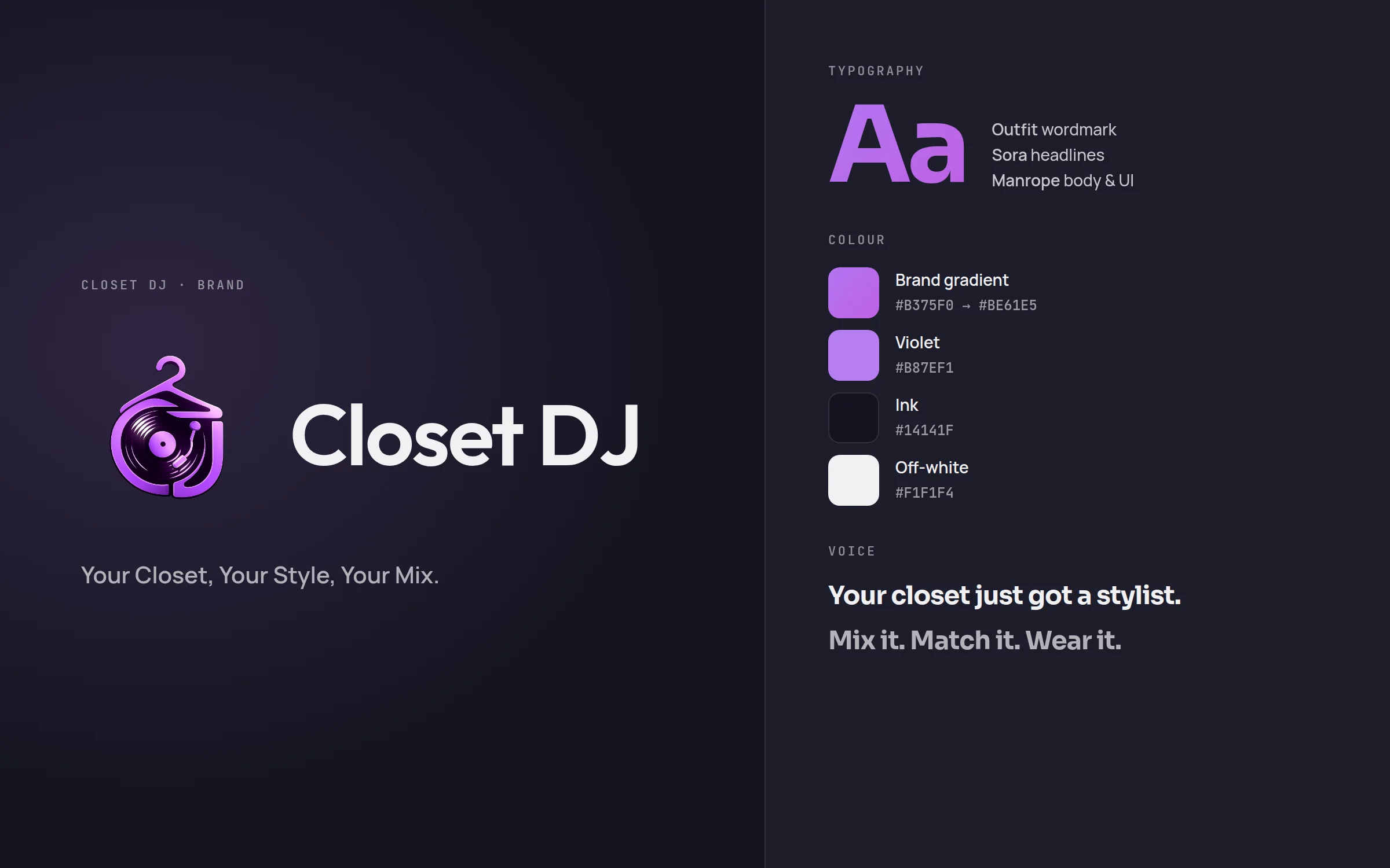 Closet DJ brand sheet: the hanger-and-record logo beside its wordmark, the brand typefaces, a violet palette, plus example lines of voice.