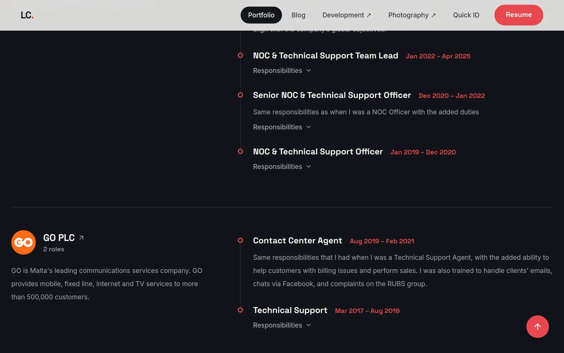 lenardcamilleri.com: The career timeline, built from the same records that feed the generated CV.