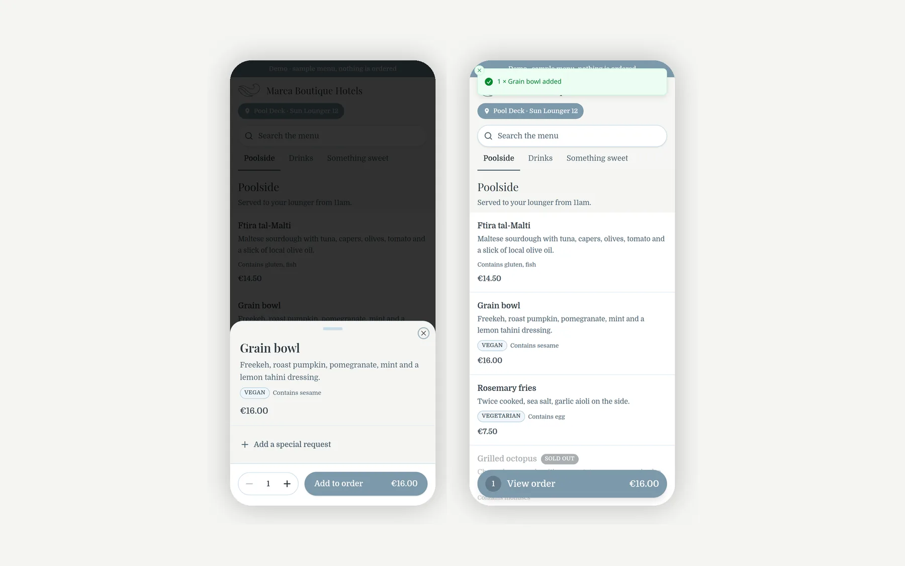 Marea Boutique Hotels: Opening a dish, adding it, and the basket. Captured from the public demo, which runs the real guest screens on a sample menu.