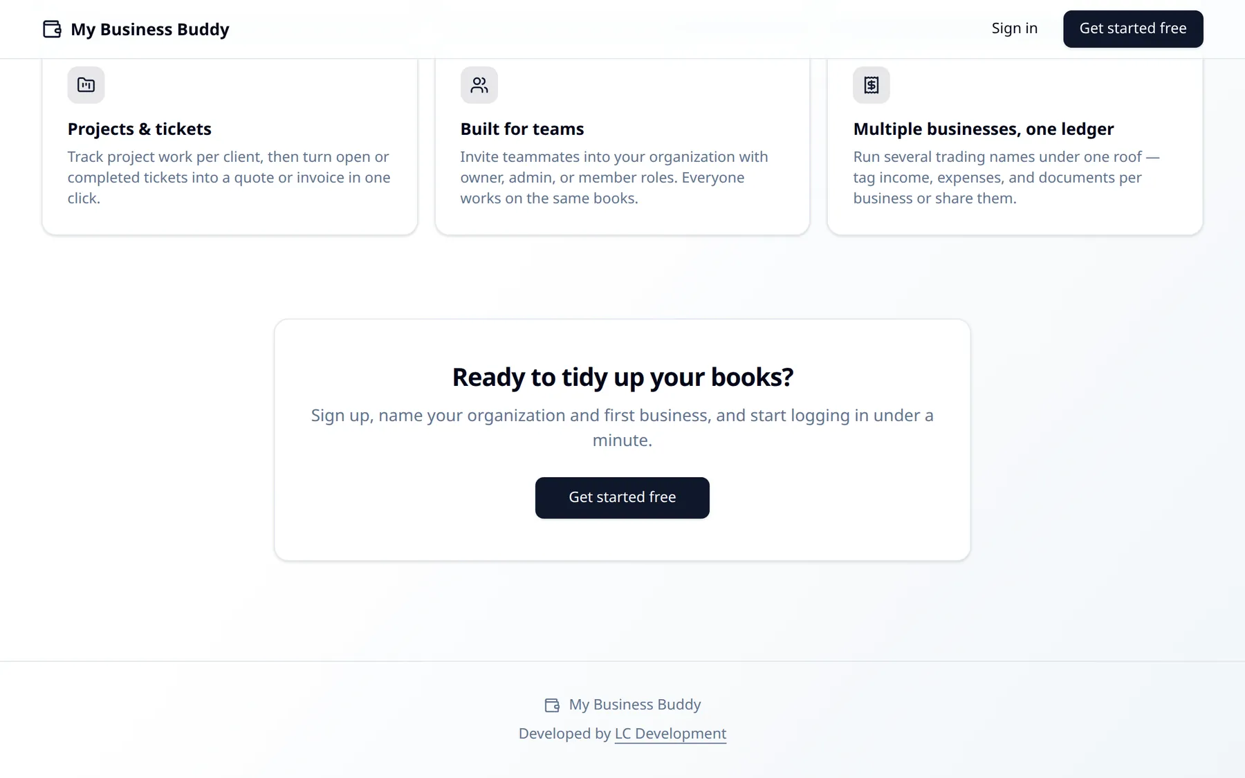 My Business Buddy: The public site walks through projects, team roles and the per-business ledger. The app itself sits behind a login.