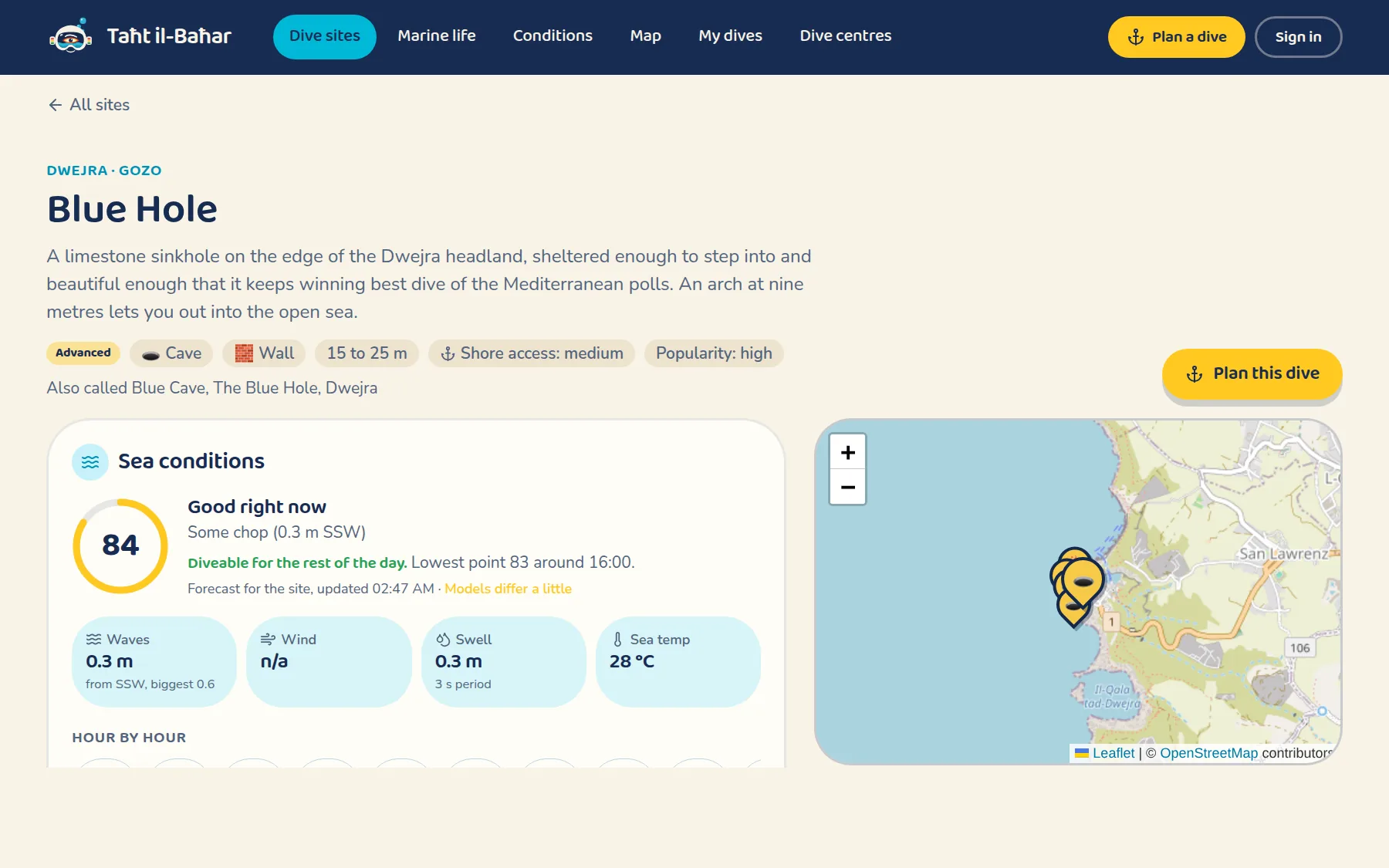 Taħt il-Baħar: A dive site page: the score for that exact spot right now, the hour by hour outlook, and the entry point on the map.
